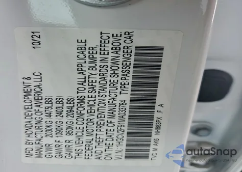 2021 Honda Accord Touring from USA, damaged, VIN 1HGCV2F91MA033784